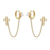 Cicy Bell 18k Gold Plated Ear Cuff Cross Studs Earring for Women Tassel Drop Dangle Small Hoop Clip Chain Climber Crawler Dainty Cubic Zirconia Earrings Jewelry Gifts Birthday
