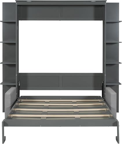Queen Murphy Bed with Couch and Storage Shelves,Wood Murphy Wall Bed Cabinet with Storage Shelves and Sofa,Folding(Grey)