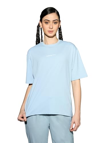 Image of TECHNOSPORT Women's Printed Boxy Fit Round Neck T-Shirt COTFLEX Half Sleeve Slip On Polyester for Gym Yoga Workout UPF50+ Anti Odour