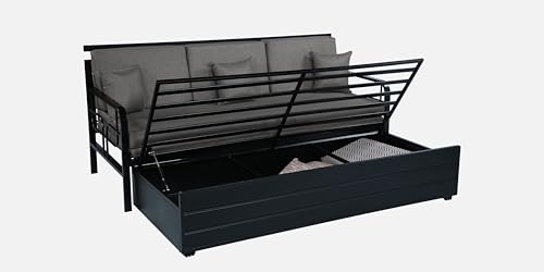 Image of 3 Seater Metal Sofa Cum Bed with Hydraulic Storage | Sofa Set for, Living Room, Guest Room, Bedroom| King Size Convertible Sofa Bed Comfortable Seating |King Size (Grey & Black)