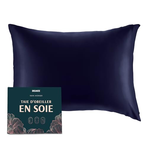 DREAMZIE Taie d Oreiller en Soie - 100% Soie Naturelle de mûrier - pour Les Cheveux et la Peau - 19 mm de Soie des Deux côtés - 1 unité - Bleu Foncé - 50x70 cm