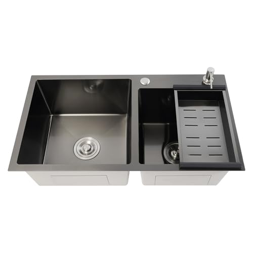 Lavandino da cucina doppio, in acciaio inox, lavello rettangolare, set miscelatore da cucina con sottostruttura, doppio lavello, 78 x 43 cm.