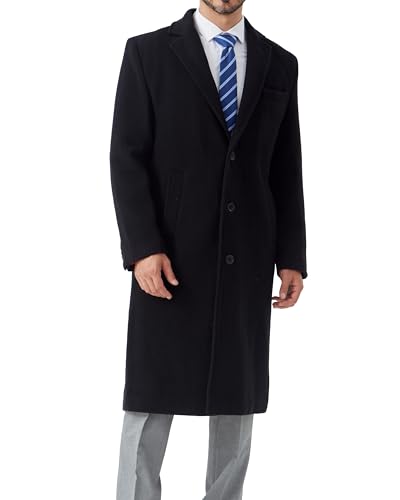 Image of Mens Black Wool Winter Overcoat - Cashmere Blend Long Topcoat Jacket, Classic 3-Button Dress Coat