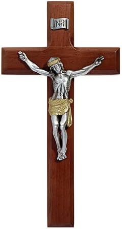 James Brennan Walnut Wood Two Tone Corpus Religious 10 Inch Wall Cross Crucifix