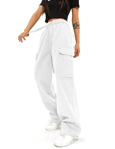 Yusongirl High Waisted Cargo Pants for Women Baggy Wide Leg Straight Adjustable Y2K Pants Streetwear with 6 Pockets White