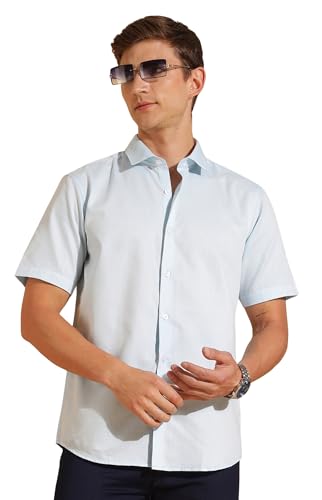 Image of Fyltr Men's Regular Fit Cotton Blend Shirt - Half Sleeve | Stylized Collar Band | Formal Shirts for Men