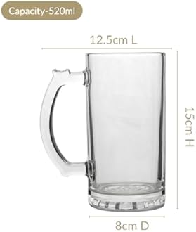 Nestasia Glass Beer Mugs Set of 6 | Thick-Walled, Durable, Lead-Free Drinkware with Easy-Grip Handle, Dishwasher Safe, 520 Ml
