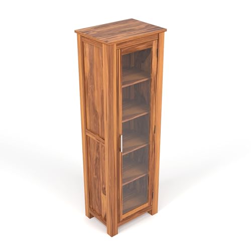 Image of Solid Sheesham Wood Bookshelf with Acrylic Glass Door | Rosewood Kitchen Cabinet with Storage Shelves for Dining Room & Office (A-Natural Finish)