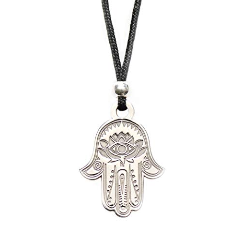 Hamsa Hand of Fatima Pendant Necklace - Evil Eye Protection Lotus Sterling Silver Charm Jewelry Good Luck Success Amulet Black String Rope Adjustable Friendship Handmade Necklace Men & Women