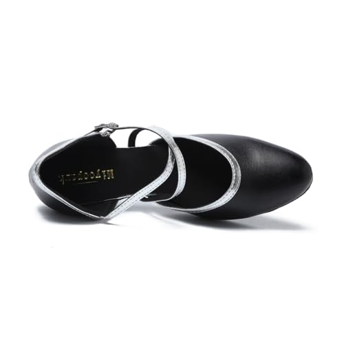 MINITOO Damskie buty do tańca ze skóry syntetycznej na obcasie balowym z paskiem na kostkę, Czarny/srebrny - obcas 6 cm, 39 EU
