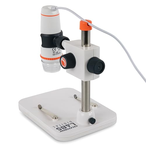 Image of Celestron Labs Digital 5MP Handheld Microscope - Adjustable Focus - 20x-200x Magnification - Compatible with Windows, Mac - Great for Educators, Hobbyists, & Professional - Captures Images & Movies | 8 Adjustable LED Ring, One-Touch Snapshot Button. • Includes Adjustable Stand, Calibration Ruler