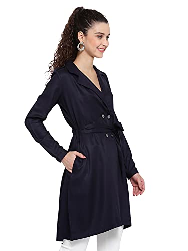 Image of Style Quotient Women Black Solid Double-Breasted Trench Coat