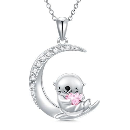Image of PROESS Animal Birthstone Necklace 925 Sterling Silver Otter /Axolotl /Hippo /Elephant /Dachshund /Monkey /Red Panda Pendant Necklace Animal Birthstone Jewelry Gifts for Women