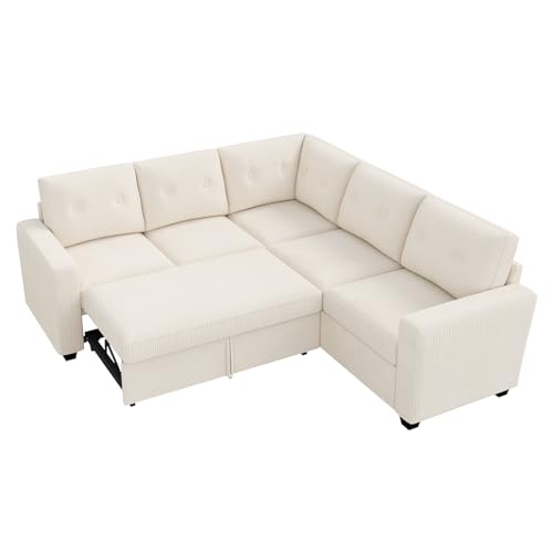 Image of HONBAY Corduroy Sectional Sleeper Sofa with Pull Out Bed, 5 Seaters 83.4 Inch Setional Couch for Living Room Apartment, Beige