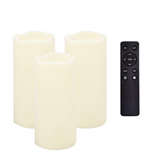 Image of CANDLE CHOICE Waterproof Outdoor Battery Operated Flameless Candles Remote Timer Ivory Tall Plastic Fake Realistic Flickering Electric LED Pillars for Lantern Wedding Christmas Decorations 3 inchx7 inch 3PCS