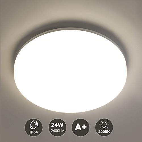 Lamparas de Techo 24W,Azhien Plafón Led 2400LM 4000K Blanco Natural Ø 28cm, Impermeables IP54 ltra Delgado Redondas Luz de Techo para Baño Dormitorio Cocina Pasillo Balcón Comedor Pasillo