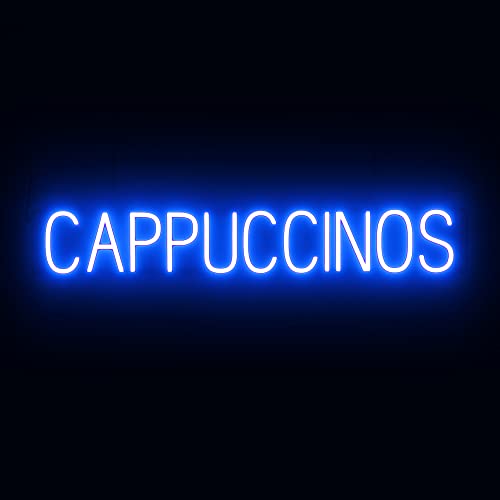 Image of SpellBrite LED Neon CAPPUCCINOS Sign for Business - Blue, 41 inch x 6 inch | Ultra-Bright Click-Together Signage for Cafes, with Visibility from 500 Feet - 8 Animations, 6 Brightness Settings
