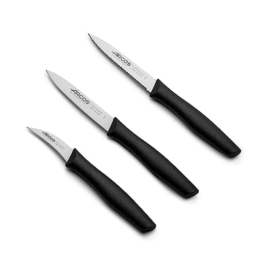 Arcos Set di Coltelli per Sbucciare in Acciaio Inossidabile, Manico Ergonomico in Polipropilene, 3 Pezzi per Frutta, Verdura e Tuberi, Nero, Serie Nova