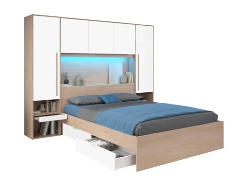 Vente-unique - Lit Pont 160 x 200 cm avec rangements - avec LEDs - Coloris : Naturel et Blanc Brillant - VELONA