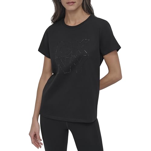 DKNY Damen Stacked Rhinestone Outline Graphic Crew Neck Tee T-Shirt Schwarz M EU