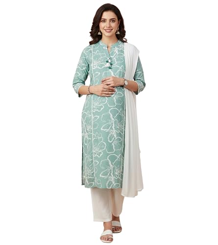 Image of DUMMY SHAPE Maternity Dresses for Women Cotton | Floral Kurta Pant Dupatta Set with Nursing Zippers, Side Pocket | Pre & Post Pregnancy | Feeding Kurti Suit | Baby Shower | Gifts for Pregnant Woman