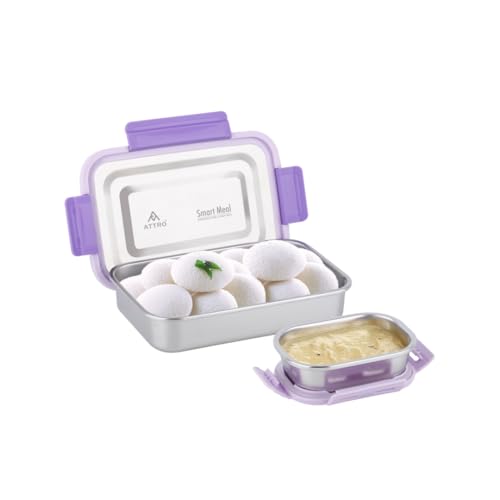 Image of ATTRO Smart Meal Medium Stainless Steel Lunch Box with 1 Small Container Airtight Spill-Proof BPA Free Food Grade Ideal for Office, School, Picnic- Violet-800ml+170ml