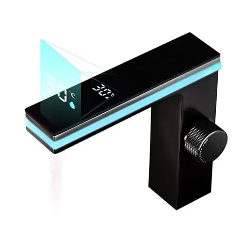 Digital Display Bathroom Black Faucet with Sensor Basin Mixer Tap LED Brass Water Sink Crane Hot Cold Intelligent Tools(Black)