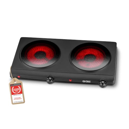 TZS First Austria - Placa de cocción doble infrarroja vitrocerámica TODOS los tipos de ollas 2500W - Mini hornillo eléctrico para mudanza, camping y hogar - Regulación continua y luz de control