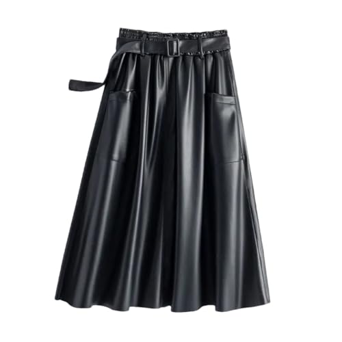 Women Leather Skirt Stretch Waist A-Line Loose Long Skirt