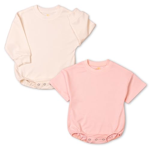 Baby Girl Romper Set 2-Pack Cotton Bodysuits, Long Sleeve & Short Plain Outfit, Newborn Infant Outfit for Girls