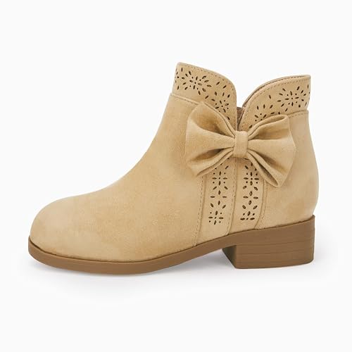 Girls Kids Bow Knot Ankle Boots Faux Suede V Cutout Low Stacked Heel Side Zipper Chelsea Shoes4