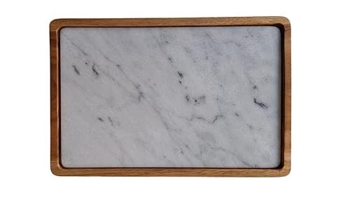Plateau en bois de teck et marbre blanc fait main en Italie par KALU Creations