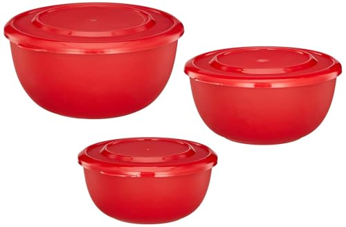 Image of Microwave Safe Stainless Steel Mixing Bowl Set with Lids | 500ml, 750ml, 1250ml | Red Euro Style Food Storage Containers for Kitchen Use | Pack of 3 (Classic Red Plain)
