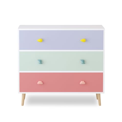 Image of 3-Drawer Chest of Drawers with Colorful Cartoon Handles, Anti-Dumping White Dresser with Solid Wood Legs,Storage Cabinet for Living Room, Closet, Apartment