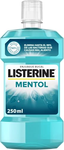 Listerine Mentol (1 x 250 ml), enjuague bucal con flúor, colutorio encías con 24 horas de protección, elixir bucal que elimina las bacterias, para un aliento fresco duradero