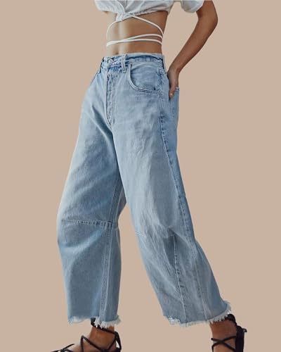 LifeShe Women's Baggy Wide Leg Barrel Jeans Casual Loose Boyfriend Raw Hem Denim Pants Light Blue3
