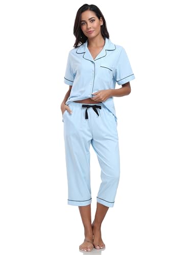 Image of COLORFULLEAF 100% Cotton Capri Pajama for Women Set Summer Short Sleeve Pj Sets for Women Cotton Sleepwear