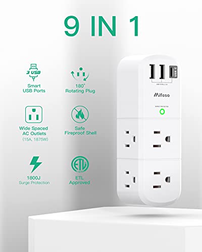 Outlet Extender with Rotating Plug, Mifaso Surge Protector 6 AC Multi Plug Wall Outlets and 3 USB Ports, 1800 Joules, 3-Sided Swivel Power Strip Spaced Splitter for Home, Travel, Dorm Room Essentials - Thumbnail 7
