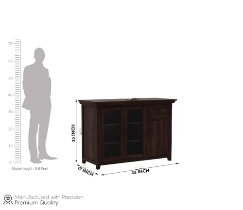 Image of Wood Kitchen Crockery Cabinet with Glass Door, Living Room, Crockery Unit, Dining Room Furniture, Chest of Drawers, Wooden Cabinet Storage, Walnut Finish
