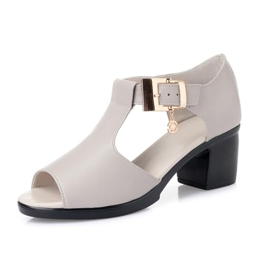 UPGENT Middle-Aged Elderly Women's Leather Sandals Fish Mouth Chunky Heel Buckle Roman Sandals Mother Casual Summer Shoes