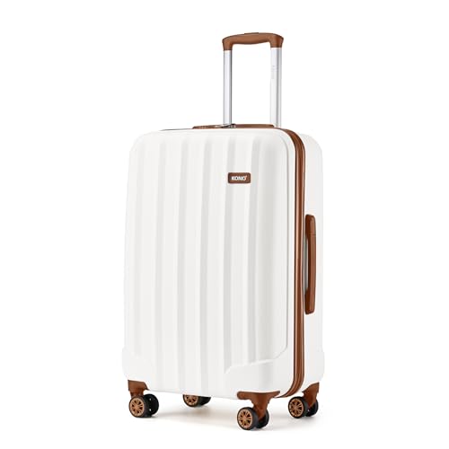 Kono 55x35x20 cm Cabin Hand Luggage Super Lightweight ABS+PC Suitcase 4 Wheels Spinner Luggage Vertical Strip Travel Trolley Case (Cream White)