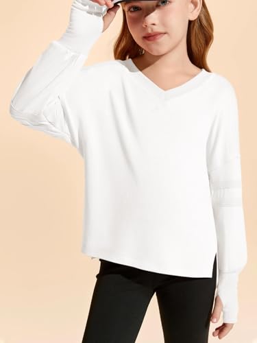 Image of Haloumoning Girls Oversized Long Sleeve T Shirts Kids Casual V Neck Cute Tops Basic Tees with Thumb Holes 4-14Y