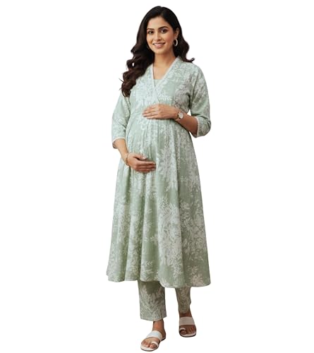 Image of DUMMY SHAPE Maternity Dresses for Women Cotton | Floral Kurta Pant Dupatta Set with Nursing Zippers, Side Pocket | Pre & Post Pregnancy | Feeding Kurti Suit | Baby Shower | Gifts for Pregnant Woman