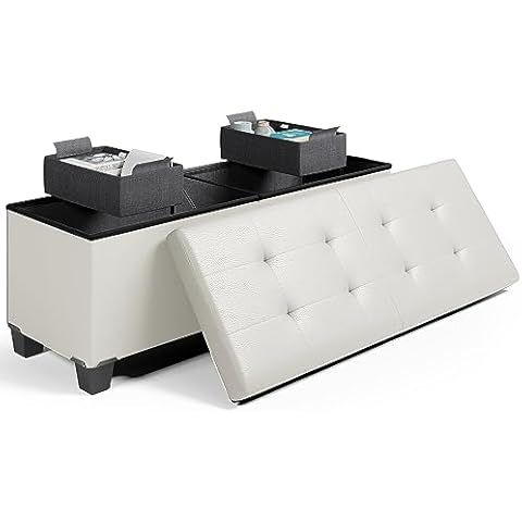 StorageBud Ottoman Bench with Removable Legs, 43-Inch, Faux Leather, White, 660lb Weight Capacity Cover