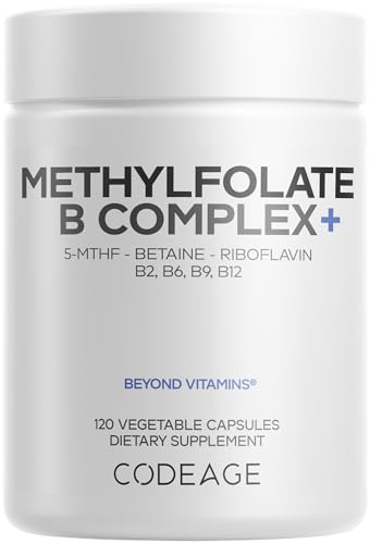 Codeage Methylfolate B Complex Supplements - 5 MTHF, Methylcobalamin 1000mcg Methylated Vitamin B12, Riboflavin, Betaine, Vitamins B6, Methylation Cycle MTHFR - 2 Months - 120 Capsules