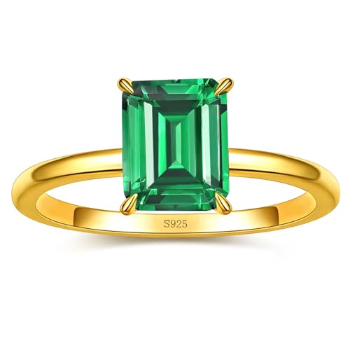 4ct 925 Sterling Silver Emerald-Cut Engagement Ring Simulated Emerald Solitaire Cubic Zirconia Wedding Ring Customizable Birthstone Rings for Mothers Valentines Thanksgiving Day Size 5-10