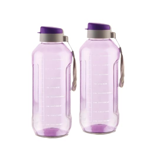 Image of ATTRO Ultra Pro 2 Motivational 2-Liter BPA-Free Water Bottle with Leak-Proof Flip-Top Cap, Nylon Strap and Stylish Color for Daily Hydration Violet-Set Of 2