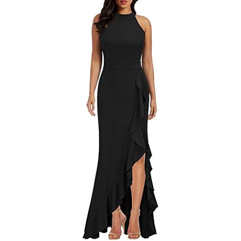 WOOSEA Women's High Neck Split Bodycon Mermaid Evening Cocktail Long Dress, Black, Small Cover