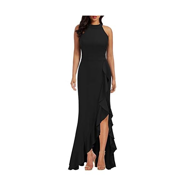 WOOSEA Women's High Neck Split Bodycon Mermaid Evening Cocktail Long Dress Black