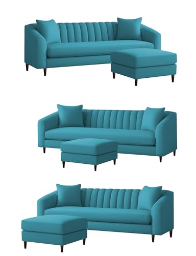 Image of Casaliving Doraldo 4 Seater L Shape Convertible Sofa Set for Living Room, 3 Seater & Ottoman Modular Sectional Couch for Small Space (Turquise Colour) Fabric Sofa